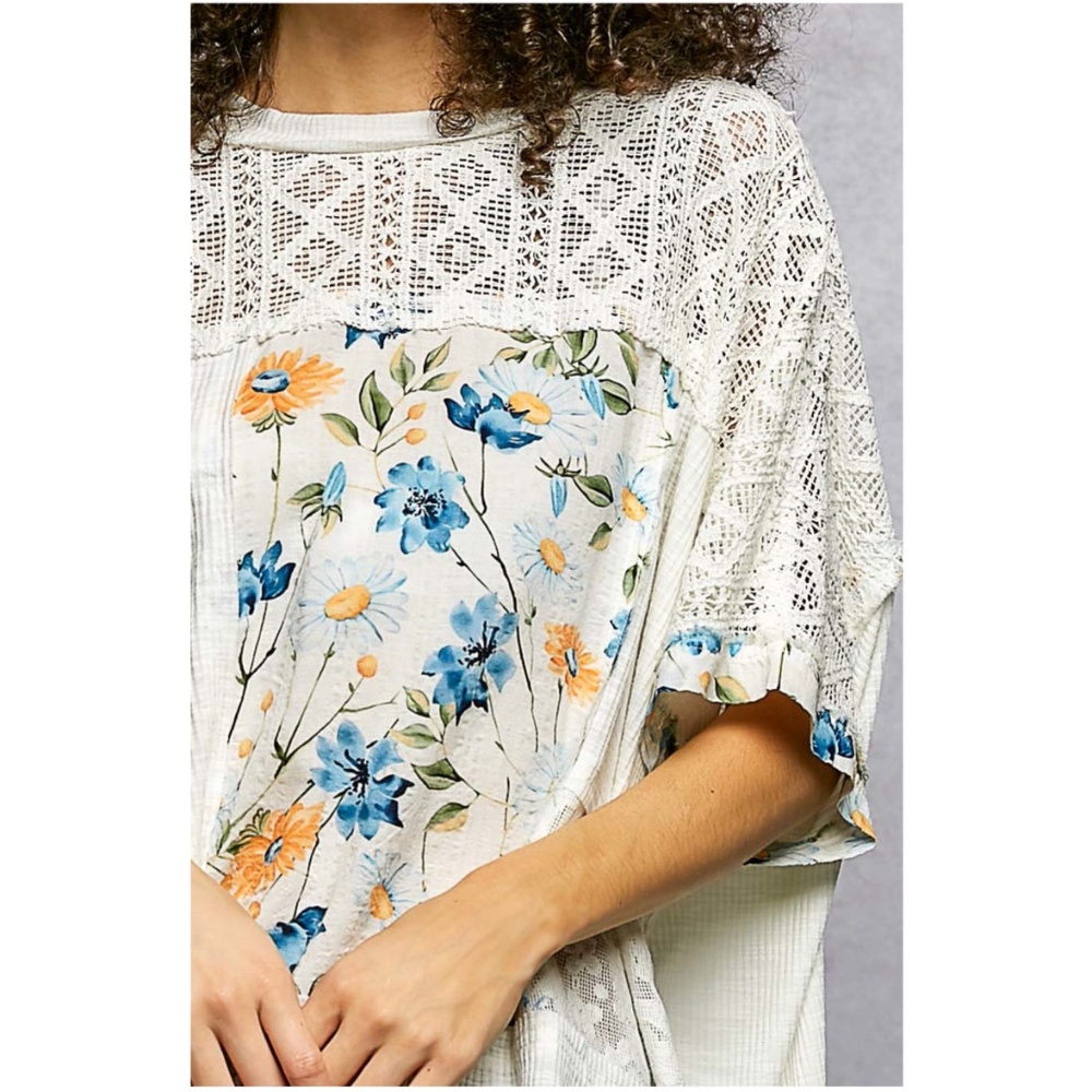 POL Floral Print Semi Sheer Short Sleeve Loose Fit Top - Picture 4 of 6